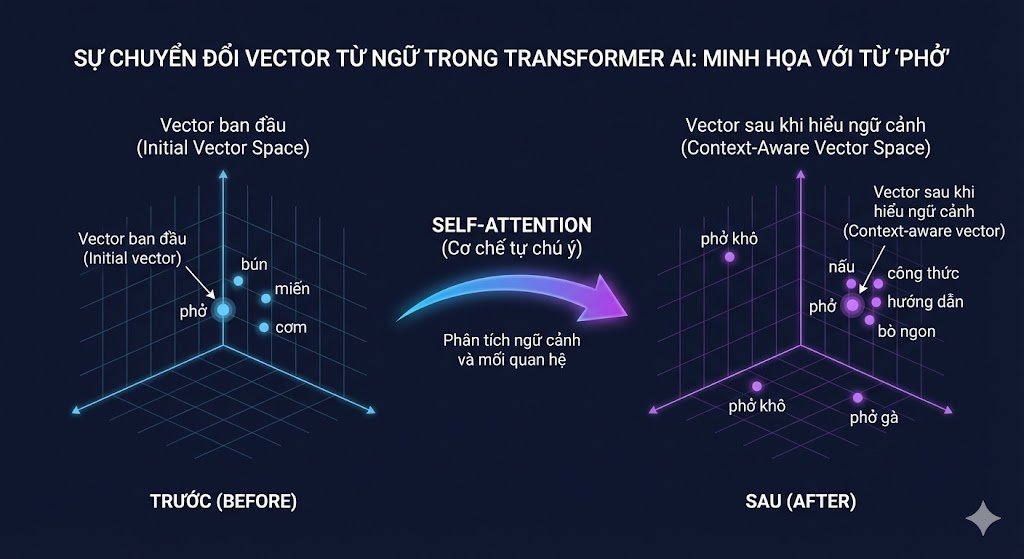 Sự chuyển đổi vector - Từ "phở" dịch chuyển vị trí dựa theo ngữ cảnh câu